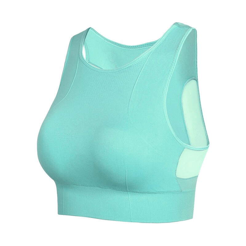Mint green quick-drying women's sports bra with mesh stitching, ideal for training; offers breathability and shock absorption.